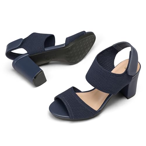 Image of mysoft Women's Chunky Block High Heels Slingback Open Toe Heeled Sandals | Casual Wide Width Fit, 3.3 Inch Heel, Elastic Knit Upper, Hook-And-Loop Atrap, Non-Slip Sole, Wedding Party Dress Shoes