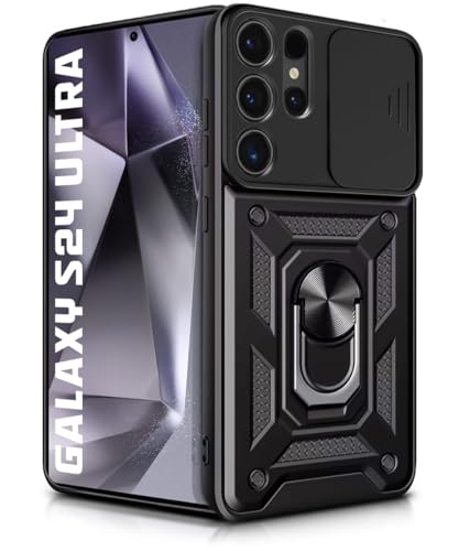 Image of WOW IMAGINE Tough Armor Bumper Mobile Back Case for Samsung Galaxy S24 Ultra 5G | Sliding Camera Cover | Shock Proof 360 Protection | Hybrid PC + TPU | Ring Holder with Kickstand - Black