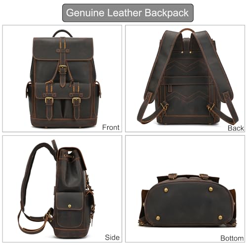 Genuine Leather Backpack for Men Casual Laptop Shoulder Bag Rucksack with Anti-Theft Pocket Travel Daypack, Dark Brown2