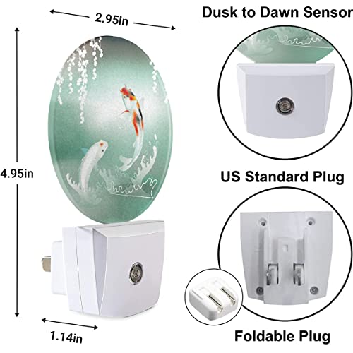 Image of Pond Fish Night Light Two Fishes Jump Over Lake Flowers Branch Sage LED Dusk to Dawn Plug-in Nightlight Auto Sensor for Bedroom Bathroom Hallway Living Room
