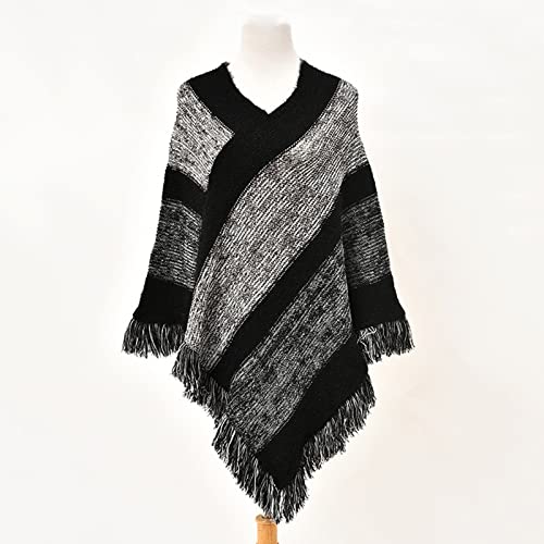Striped Poncho Black Coat Open Front Poncho Shawl Wraps For Women Ponchos For Women Fashion Sweater (Black, One Size)4