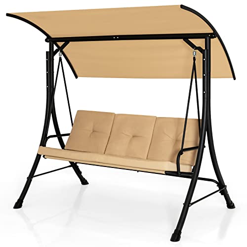 Image of Tangkula 3 Person Porch Swing, Outdoor Swing with Removable Cushions, Solid Steel Structure, Patio Swing with Adjustable Canopy for Garden, Backyard, Balcony, Poolside Beige