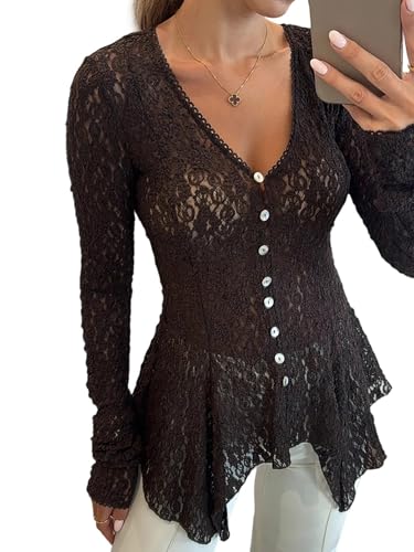 CHICME Lace V Neck Pearl Button Down Shirts Elegant Asymmetrical Ruffles Cardigan Top Long Sleeve Chic Sheer Lace Shirt for Casual Outing-Black-L
