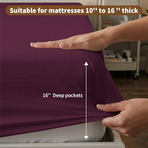 Image of HBHLFZ Queen Fitted Sheet Only, Soft Breathable Bottom Sheet - 60 inchx80 inch Deep Pockets Queen Size Fitted Sheet - All Around Stretch Fit, Wrinkle Resistant, Colorfast - Easy Care, Burgundy