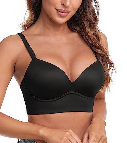 HACI Women's Plunge Push Up Bra Wirefree V Neck Padded T Shirt Longline Padded Supportive