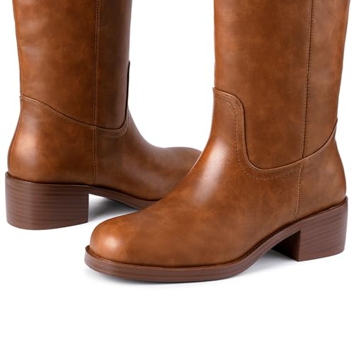 Image of Gothictor Women's Banana Knee High Boots Square Toe Chunky Block Heel Comfortable Low Heel Pull on Wide Calf Riding Long Boots for Women