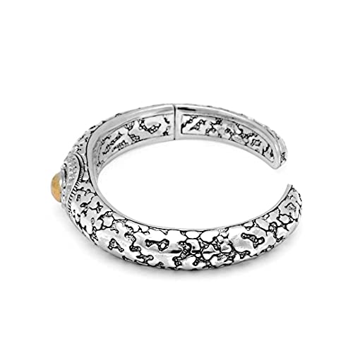 925 Sterling Silver And 18K Gold Cuff Bracelet With Plaster Texture Motif And Oval Gold With White Topaz Gemstone Around For Women, Mother's Day, Father's Day, Christmas And Jewelry Gift #TOP2