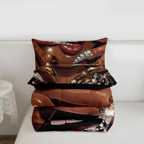 Image of Erosebridal Black Woman Comforter Set African American King Bedding Set for Teens Adult Afro Black Female Duvet Insert Glitter Artwork Magical Bed Set Room Decor (1 Comforter, 2 Pillowcases)