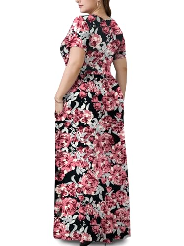 Image of PEVRL Plus Size Summer Maxi Dress for Curvy Women with Pockets 1X-5X | Short Sleeve, Twisted Front V-Neck, Summer Casual A Line Flowy Dress, Empire Waist Floral Print Beach Vacation Long Dress
