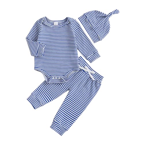 Image of fhutpw Baby Boy Clothes 3 6 9 12 Months Striped Long Sleeve Romper Tops + Pants + Hat 3Pcs Infant Fall Winter Bodysuit Outfit