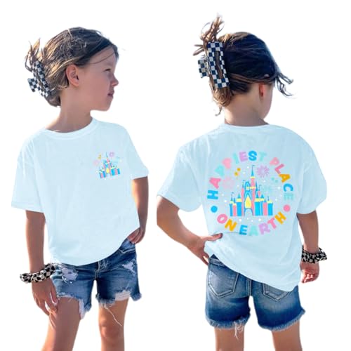 Deyaidy Cute Shirts for Girls Preppy Happiest Place on Earth Shirt Graphic Holiday Tees Cotton Tops(Light Blue 7-8Years)