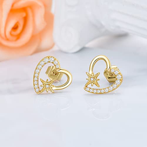 14K Solid Gold Star Heart Earrings For Women Cubic Zirconia Stud Earrings For Girls，Gifts For Valentine's/Anniversary/Mother's Day #TOP1