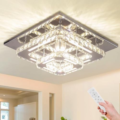CXGLEAMING 12” cristallo LED plafoniera in acciaio inox moderno Flush Mount luci Fixture quadrato lampadario a soffitto per sala da pranzo soggiorno camera da letto (dimmerabile)