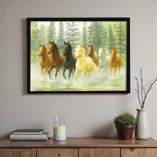 Image of 7 Running Horses Vastu Framed Wall Art Painting For Living Room| Green Forest Seven Horse Horse Painting With Frame Symbol of Growth & Positive Energy Wall Art for Living Room & Office, 17x23 Inch