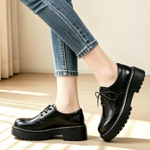 Image of Womens Oxford Shoes Black Leather Platform Oxford Shoes for Women Brogue
