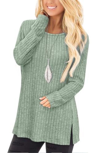 Image of Jescakoo Long Sleeve Shirts for Women Crew Neck Fall Tops Side Split Lightweight Tunic Sweaters Fashion Clothes 2026 S-4XL