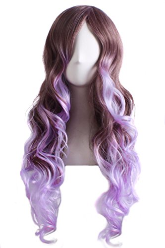 MOCOO Two Tone Heat Resistant Spiral Long Wavy Highlight Hair Wig Fashion Women Cosplay /Party Costume Wig( Brown Mixed Purple)JF007