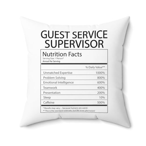 DesiDD Guest Service Supervisor Nutrition Facts Pillow - Funny Gifts for Coworker Service Manager Employee Boss Hospitality Supervisor Birthday Christmas - Cover & Insert 16x16 Inch