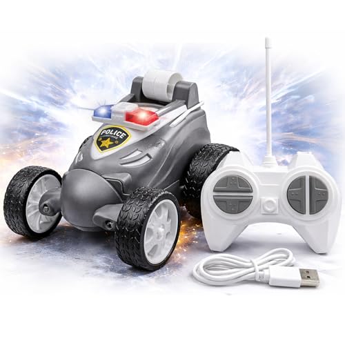 Image of SMART BOY Remote Controled Police Stunt Car Toy, All-Terrain Performance, 360 Rotating Rolling LED Flashing Lights with Police Siren Sound, Anti-Skid Rubber Tires, Grey, C Type Rechargeable 368PO