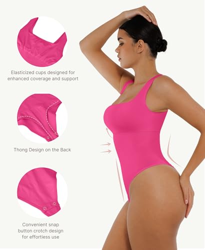 Image of FeelinGirl Bodysuits for Women Seamless Square Neck Tummy Control Compression Thong Shapewear Bodysuit Tank Tops Bodysuit