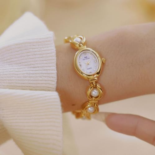 Elegant Pearl-Embellished Women's Dress Watch with Oval Dial and Gold Bracelet - Waterproof Analog Fashion Timepiece - Image 4