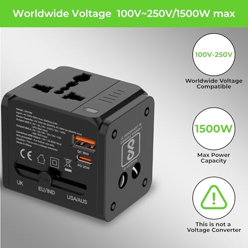 Image of UltraProlink International All in One Universal Travel Adapter|20W Charger|USB-A + Type C Port|PD3.0 Support|1500W|for Mobile, Tablets, Cameras |UM1189|Travel Mate PD20|Black
