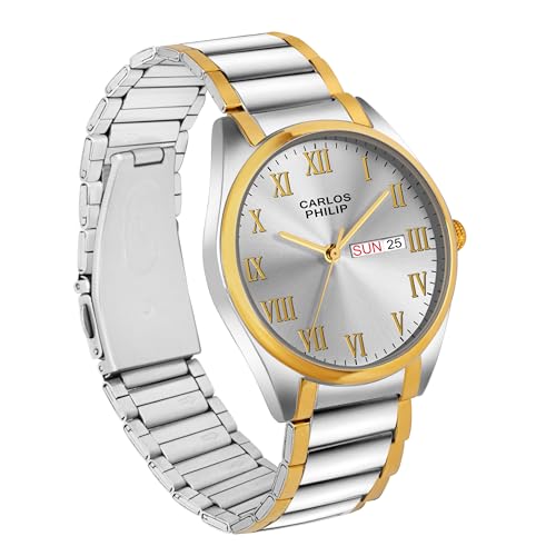 Image of Carlos Philip Men's Roman Numeral Analog Watch - Day and Date Display, Stainless Steel Strap, Quartz Movement, Business Style Watch for Men
