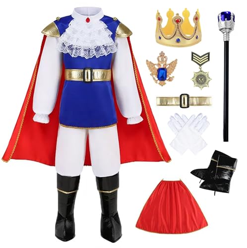 Akokvlar 9 Pcs Prince Charming Costume for Boys Medieval Royal King Outfits for Kids (White 7-8 Years)