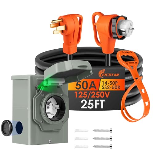 Ficstar 25FT 50 Amp Generator Cord and Power Inlet Box Kit NEMA 14-50P to SS2-50R Generator Extension Cord Pre-Drilled 50 Amp Generator Inlet Box with STW Wire 125/250V 12500W;UL&ETL Listed