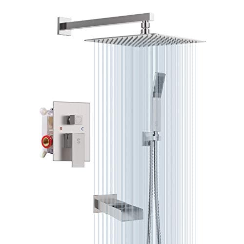 SR SUN RISE 12 Inches All Metal Shower System with Tub Spout Square Rain Shower Head and Handheld Combo Shower Fixtures, Bathtub Faucet Set, Shower Valve and Trim Kit, Brushed Nickel