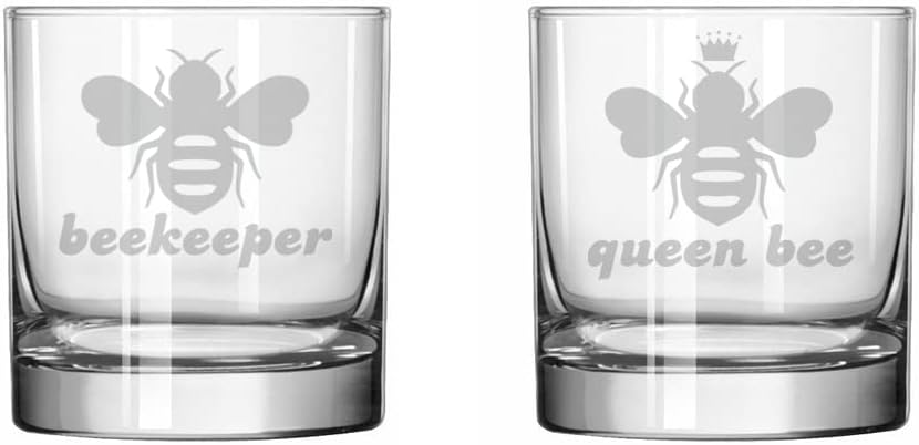 MIP Set of 2 Glass 11 oz Rocks Whiskey Old Fashioned Queen Bee Beekeeper Funny Couple His and Her Gift Bride and Groom Wedding Engagement Anniversary Bridal Shower
