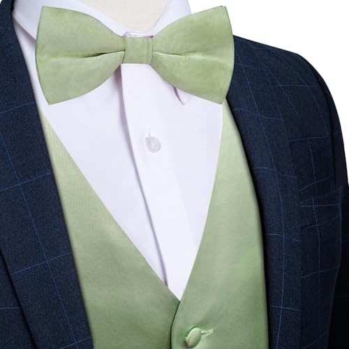 DiBanGu Mens Satin Vest and Bowtie Lapel Pin Set for Suit or Tuxedo,Solid Dress Waistcoat & Pre-tied Bowtie for Wedding Party, Sage Green, Medium3