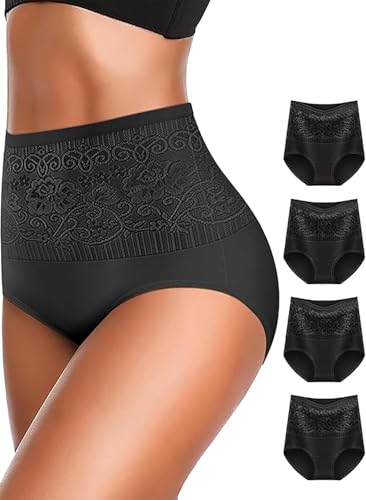Image of Women's Lace Trim High Waisted Cotton Underwear Full Coverage Ladies Panties Tummy Control Briefs 4 Pack
