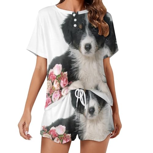 Vêtements de nuit été Fleur Chien ensemble de pyjama pour femme chic et léger