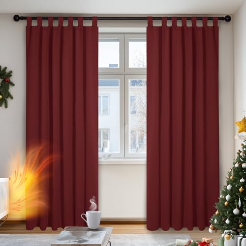 Deconovo Cortina Dormitorio con Aislamiento Térmico Tela Lisa Gruesa Color Sólido Decoración Hogars con Trabillas 2 Paneles 140 x 245 cm Rojo Oscuro