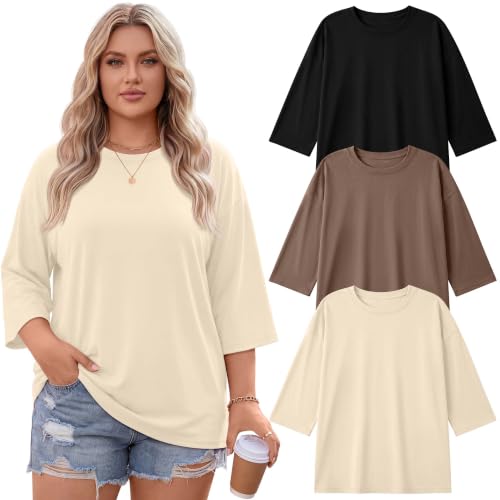 Image of Locoowai 3 Pack Women Plus Size Tops 3 /4 Sleeve Cotton Crew Neck Oversized T Shirts Loose Fit Tee Tunic Casual Blouse