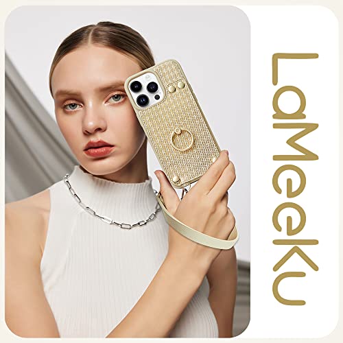 Lameeku Compatible With Iphone 14 Pro Max Wallet Case With Card Holder, Genuine Leather Kickstand Card Slots Case，Crossbody Wrist Strap Purse Cover Gift For Women For Iphone 14 Pro Max 6.7 Inch Beige #TOP3