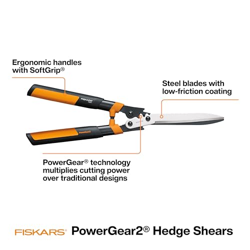Fiskars 23-Inch Hedge Shears, Bush Trimmer with PowerGear2 Technology that Multiplies Power for Less Effort, SoftGrip Handles with Shock-Absorbing Bumpers