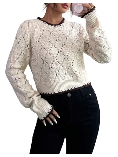 Women's Hollow Out Crochet Cropped Sweater Lightweight Long Sleeve Crew Neck Knitwear Top Fall Outfits