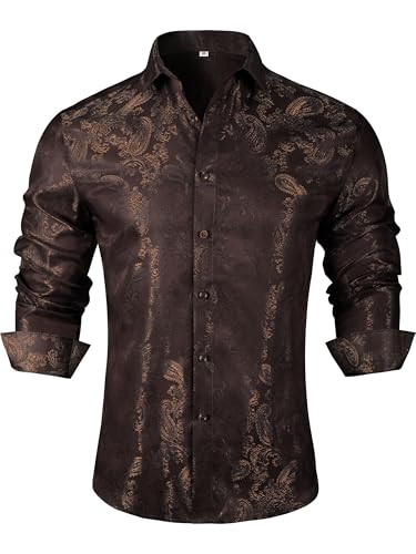 Men’s Silk Paisley Western Dress Shirt, Long Sleeve Button Down Casual Regular Fit Shirt for Party and Wedding