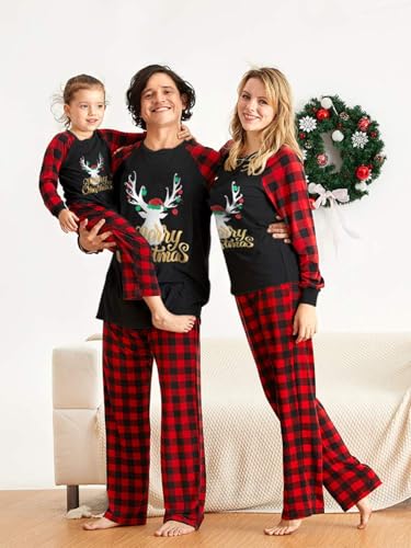Image of IFFEI Matching Family Pajamas Sets Christmas PJ's with Letter and Plaid Printed Long Sleeve Tee and Bottom Loungewear