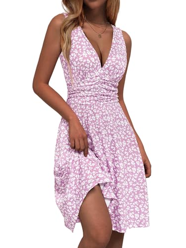Image of OURIN Women's Spring Deep V Neck Sleeveless Floral Sundresses with Pockets Flowy Summer Dresses for Women