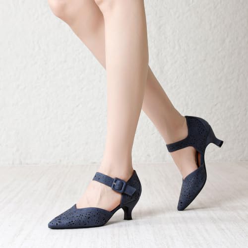 Image of RIBONGZ Comfortable Kitten Heels for Women Pointed Closed Toe Ankle Strap Buckle Heels Slip on Low Heel Church Pumps Wedding Bridal Party Dressy Shoes