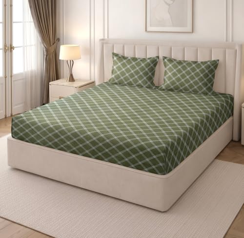 Image of RD TREND Cloud Cotton Double Bed Bedsheet-90x100 Inches with 2 Matching Pillow Covers (18x28Inch | Queen Size Bed Sheet 210 TC Soft & Breathable | (Lines-Green)