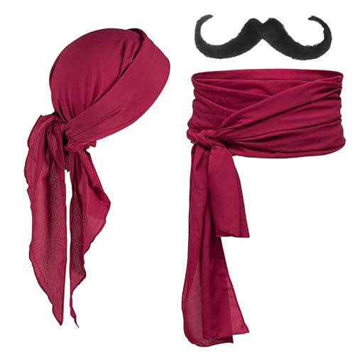 Disfraz de pirata profesional – Bandana, cinturón, barba negra – accesorio de capitán para Halloween – niños, mujeres, hombres (rojo), rojo
