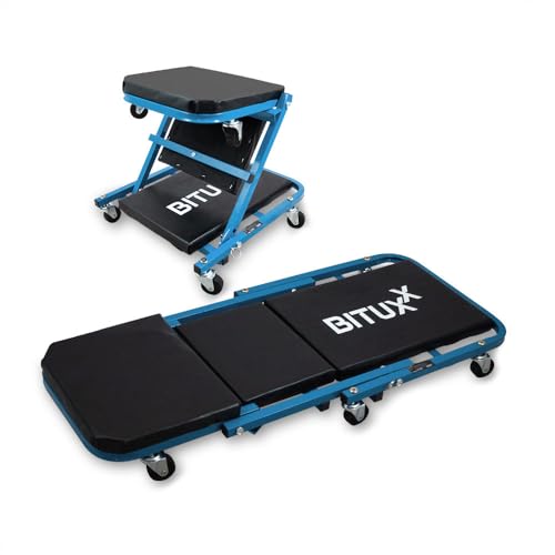BITUXX® Werkstatt-Rollbrett Werkstattliege Montageliege Montagerollbrett Sitz als Liege oder Werkstatthocker/Klappsitz verwendbar