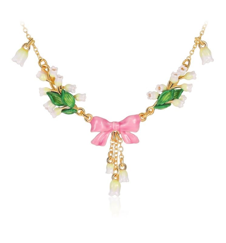 Pink Bow And Lily Flower Enamel Pendant Necklace Jewelry Gift