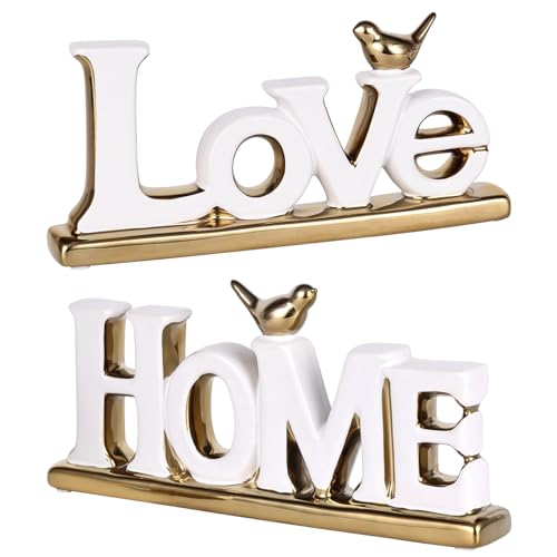 Figura decorativa Love en cerámica blanca y dorada set 2