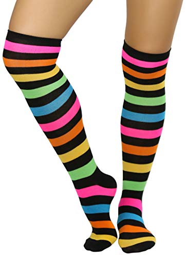 Image of ToBeInStyle Women's Bright Vibrant Rainbow Striped Thigh High Rave Stockings