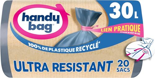 Handy Bag Sacs poubelle à liens pratique Ultra Résistant & Fond anti-fuite, 100% plastique recyclé, 1 rouleau de 20 sacs poubelle 30L